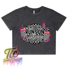 Load image into Gallery viewer, Ladies CROP TEE- THIS GIRL RUNS ON COFFEE AND SARCASM
